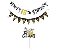 Kit de décoration d'anniversaire 18 ans, guirlande noire et dorée, drapeau triangulaire et décoration de gâteau, décoration de gâteau 18e anniversaire et bannière Happy 18th Birthday