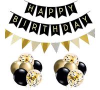 Kit de décoration d'anniversaire avec ballons, ballons à confettis, drapeaux triangulaires, guirlande G + SJQ Noir et doré