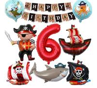 Kit de décoration d'anniversaire pirate avec ballon en aluminium en forme de chiffre 6, ballons bateau pirate, ballon requin et bannière Happy Birthday pour anniversaire,fête d'Halloween