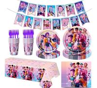 Kit de décoration de fête d'anniversaire Kpop Girl Group Demon Hunter Pink : Ensemble de vaisselle et guirlande de bannières 7/9 pièces 9-piece set