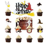 Kit de décoration de gâteau d'anniversaire thème Harry Potter thème sorcier, panneau principal Joyeux Anniversaire pailleté & assortiment de toppers de cupcakes avec symboles de personnages, pics à de
