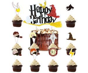 Kit de décoration de gâteau d'anniversaire thème Harry Potter thème sorcier, panneau principal Joyeux Anniversaire pailleté & assortiment de toppers de cupcakes avec symboles de personnages, pics à de