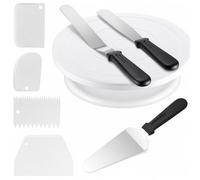 Kit de décoration de plateau tournant : comprend un support à gâteau, 2 spatules à glaçage et 3 grattoirs à glaçage - Blanc