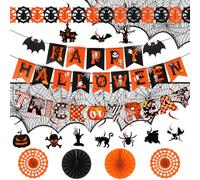 Kit de décoration d'Halloween - 18 pièces - Décoration d'intérieur avec | Kit pré-monté avec guirlande, décoration à suspendre, voile de cheminée, éventails en papier, facile à monter pour la maison