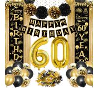 Kit de Décoration pour 60ème Anniversaire Garçon Fille, Décoration d'Anniversaire Noir et Or, Ballons Noirs et Dorés, Guirlande Joyeux Anniversaire, Banderole Joyeux Anniversaire pour Porte, Rideau de
