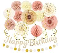 Kit de décoration pour anniversaire, 20 pièces : guirlande, ballons en forme de nid d'abeille, pompons, couleurs beige, champagne et or