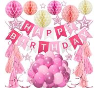 Kit de décoration pour anniversaire, couleur rose : guirlande "Joyeux anniversaire", ballons en forme de nid d'abeille, franges, serpentins, ballons