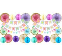 Kit de décoration pour anniversaire, couleurs pastel : guirlande "Joyeux anniversaire", guirlande de fanions, ballons en forme de nid d'abeille, éventails en papier (lot de 2)