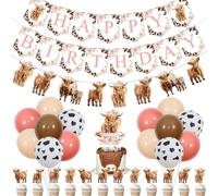 Kit de décoration pour anniversaire sur le thème des vaches écossaises, comprenant 20 ballons, une bannière, une guirlande et un décor de gâteau