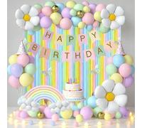 Kit de décoration pour fête, couleurs pastel : guirlande, ballons, rideaux et autocollants