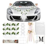 Kit de décoration pour mariage : 4 décorations pour poignées de porte, 2 décorations à ventouse, guirlande de fleurs de 1,8 mètre, 9 roses, autocollant "Just Married", guirlande de fanions