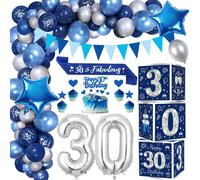 Kit de décoration pour un 30e anniversaire, bleu et argent : arche de ballons, décoration pour gâteau, guirlande