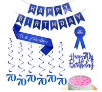 Kit de décorations d'anniversaire pour homme - Bannière bleue « Happy Birthday », écharpe, serpentins à suspendre, décoration de gâteau d'anniversaire, badge d'anniversaire pour lui 70e anniversaire