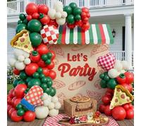 Kit de décorations de fête pour pizza avec arche de ballons en latex rouge, vert foncé et blanc à carreaux pour fêtes, barbecues, pique-niques, décorations de fête d'anniversaire, tranche de tranche