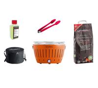 Kit de démarrage LotusGrill Classic : 1 barbecue couleur orange mandarine avec port USB, 1 sac de charbon de bois de hêtre de 2,5 kg, 1 tube de pâte combustible de 200 ml, 1 pince à saucisses (couleur