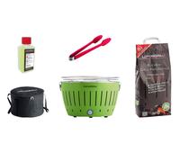 Kit de démarrage LotusGrill Classic : 1 barbecue vert citron avec port USB, 1 sac de charbon de hêtre de 2,5 kg, 1 tube de pâte allume-feu de 200 ml, 1 pince (couleur selon disponibilité), 1 sac de tr