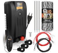 Kit de démarrage pour clôture électrique, comprenant 100 mètres de ruban, 25 isolateurs, et compatible avec une alimentation de 230 V