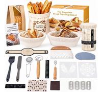 Kit de démarrage pour la pâte levée – Ensemble comprenant un panier de fermentation pour le pain, un récipient pour la pâte mère, une spatule à pâte, des couteaux et une nappe en lin ovale