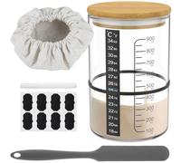 Kit de démarrage pour levain - 900 ml - Verre de démarrage avec couvercle en bois - Bandes élastiques - Spatule en silicone - Papier thermomètre - Chapeau en tissu - Pot à Sourdough - Pour la cuisson