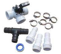 Kit de dérivation pour piscine, comprenant un robinet à 3 voies avec raccords de tuyaux de 32/38 mm, des colliers de serrage pour tuyaux et un coude en T