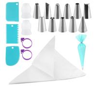 Kit de ensemble de bouche de fleur encadrée contient 10 Poches à Douille Jetables,1 poche à douille, 2 coupleurs, 12 douilles de glaçage, 2 bouchons de sac, 3 grattoirs à gâteau