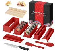 Kit de fabrication de sushis pour débutants, comprenant 12 pièces : moules à rouler le riz, couteau, tapis (rouge)