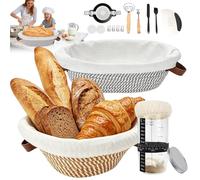 Kit de fermentation au levain - Fabriqué à la main - 2 paniers de fermentation en rotin - Récipients en verre adaptés au contact alimentaire - Grattoir à pâte en acier inoxydable - Tapis de cuisson en