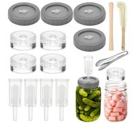 Kit de fermentation pour bocaux à large ouverture, 4 couvercles en plastique avec sas, 4 poids en verre, brosse, bâton de mélange en bois, pinces inox de 7 pouces pour la maison