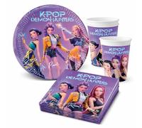 Kit de fête 36 pièces « K-POP Demon Hunters » avec assiettes en carton, serviettes et gobelets en carton pour anniversaire d'enfant et fête à thème | Assiettes, gobelets, décoration d'anniversaire