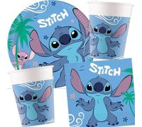 Kit de fête 36 pièces « Stitch & Angel » avec assiettes en carton + serviettes + gobelets en carton pour anniversaire d'enfant et fête à thème | Assiettes, gobelets, décoration d'anniversaire