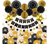 Kit de fête d'anniversaire noir/doré – Ballons, confettis, banderole et petits drapeaux – Décoration de fête pour adultes