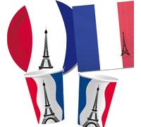 Kit de fête « France » avec assiettes en carton + serviettes + gobelets en carton + ballons pour fête à thème français | Décoration de fête Paris rouge, blanc, bleu Tour Eiffel