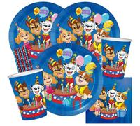 Kit de fête Pat' Patrouille - 36 pièces, assiettes en carton, gobelets, serviettes + 8 pailles en papier pour anniversaire d'enfant