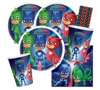 Kit de fête - Pyjamasques - 36 pièces - Assiettes en carton, gobelets, serviettes + 8 pailles pour anniversaire d'enfant