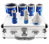 Kit de forets diamant et de forets pour carrelage comprenant : forets de 20 mm, 35 mm, 40 mm, 50 mm et 68 mm, fraise de 20 mm, et foret biseauté de 50 mm pour meuleuse d'angle