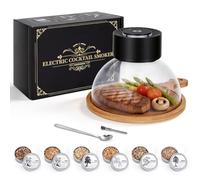 Kit de fumoir à cocktail électrique, rechargeable par USB-C, fumoir à whisky sans torche, pour cocktails et aliments, contrôle de la fumée réglable, couvercle en verre, plateau en bois, 6 copeaux de