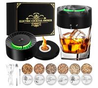 Kit de fumoir à whisky électrique, kit de fumoir à cocktail rechargeable avec 6 copeaux de bois, briquet intégré, pas besoin de butane. Avec trois couleurs de lumières ambiantes. Cadeaux