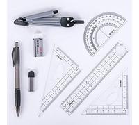 Kit De Géométrie 8 Pièces En Métal - Compas à Crayon Intégré Avec Recharges | Règle 15cm, Équerre 45°/60°, Rapporteur 180°, Gomme, Stylo - Étui Rigide de Rangement pour Élèves, Étudiants et Ingénieurs