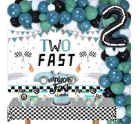 Kit de guirlande de ballons vintage bleu vert à carreaux Décorations rapides pour 2e anniversaire garçons Thème voiture de course