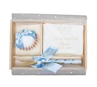Kit de Luxe Personnalisé pour Baptême - Pack de Cierge décorée, Mouchoir et Coquillage Brodés - Coffret en bois avec le nom et la date du Baptême gravés - Modèle Paris (Bleu Ciel)
