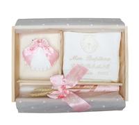 Kit de Luxe Personnalisé pour Baptême - Pack de Cierge décorée, Mouchoir et Coquillage Brodés - Coffret en bois avec le nom et la date du Baptême gravés - Modèle Paris (Rose)