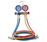 Kit de manomètres pour climatisation compatible avec les fluides frigorigènes R22, R404A, R410A et R12, comprenant des manomètres à 4 voies avec des flexibles de 1,5 m pour l'entretien des systèmes de