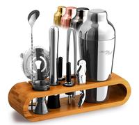 Kit de mixologie pour barman : lot de 10 outils de barman avec support en bambou élégant et shaker à martini - argenté