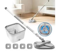 Kit de nettoyage comprenant un seau à double compartiment, une serpillère pour sols et une serpillère pour vitres, chacune avec 2 tampons en microfibre. Système de séparation de l'eau propre et de l'e