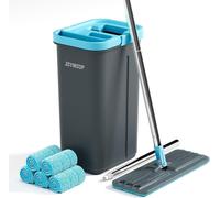 Kit de nettoyage comprenant un seau avec essoreur, une serpillère plate avec 5 microfibres réutilisables et une tête pivotante à 360°