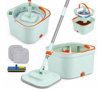 Kit de nettoyage comprenant un seau, une serpillère plate rotative à 360°, 2 microfibres et une tige télescopique