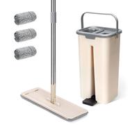 Kit de nettoyage comprenant une serpillère à microfibres plates, un seau à essorage et 3 serpillières réutilisables