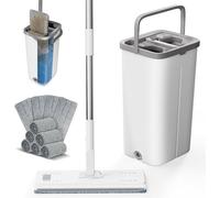 Kit de nettoyage en microfibre avec seau, manche en acier inoxydable, essoreuse, blanc, pour 2 pièces