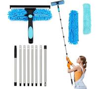 Kit de nettoyage télescopique de 3,1 m de long, balai 3-en-1 bleu avec tête pivotante à 270° et 8 rallonges pour le nettoyage en hauteur à l'intérieur et à l'extérieur