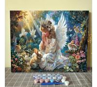 Kit de peinture à l'huile par numéros pour adultes - Motif ange priant dans la forêt - Peinture acrylique sur toile avec fleurs d'animaux mignons - 40,6 x 50,8 cm (cadre à faire soi-même)